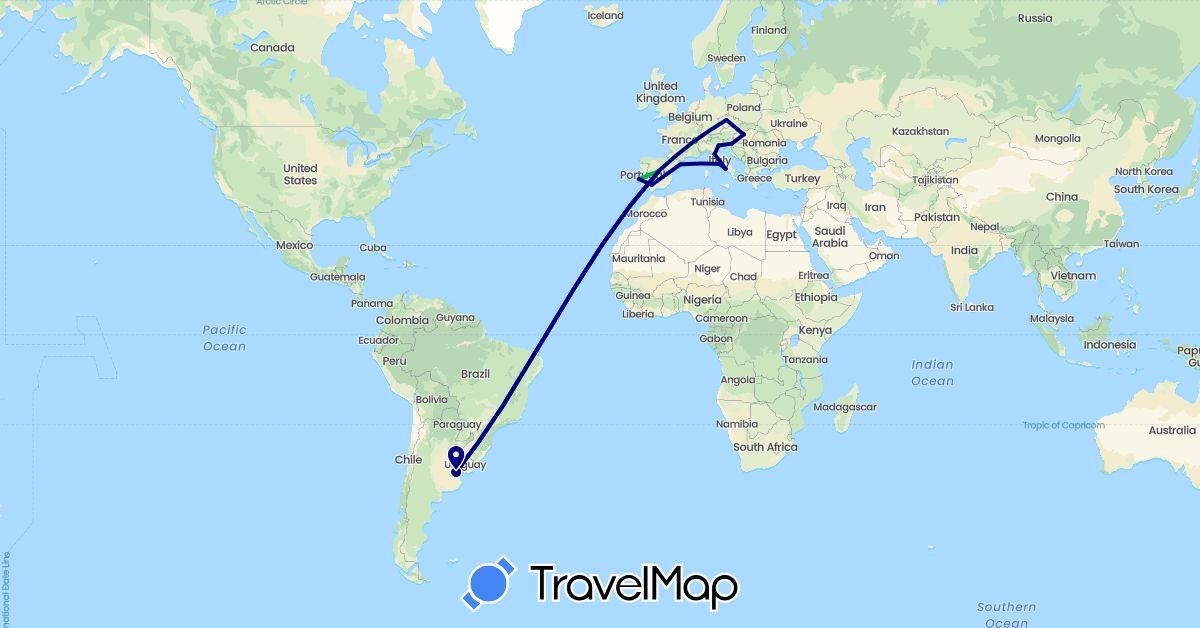 TravelMap itinerary: driving, bus in Argentina, Czech Republic, Spain, Croatia, Hungary, Italy, Portugal (Europe, South America)
